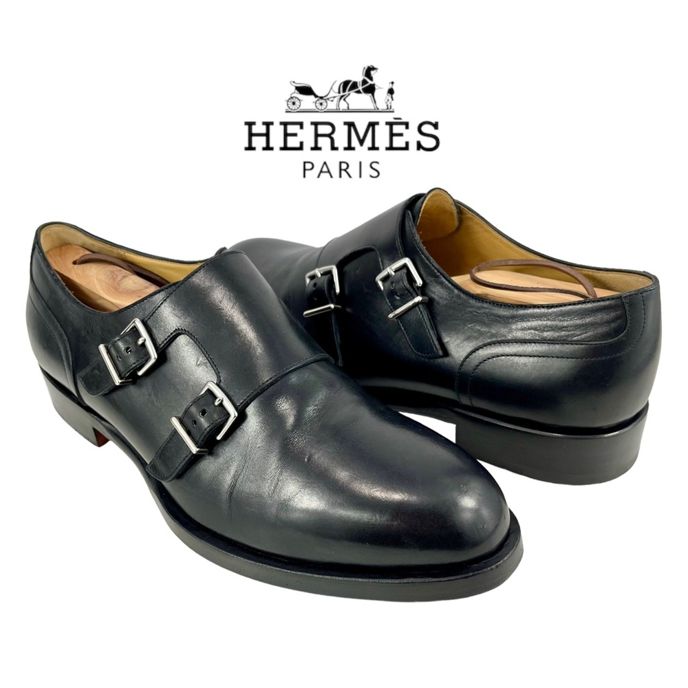 Hermès Men’s 42 Double Monk Strap Black Calfskin Dress Shoes Silver Buckles